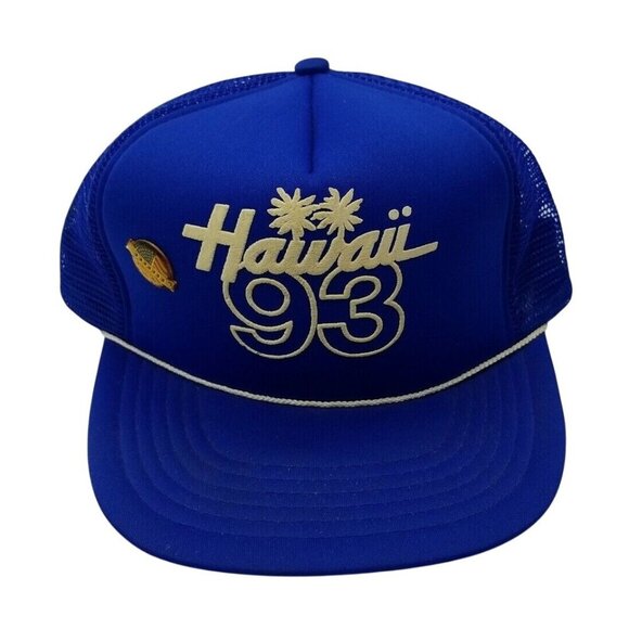 VTG "Hawaii 93" & Pearl Harbor Pin Trucker Hat Snapback Mesh Cap Blue 1993 OSFA - Picture 1 of 6